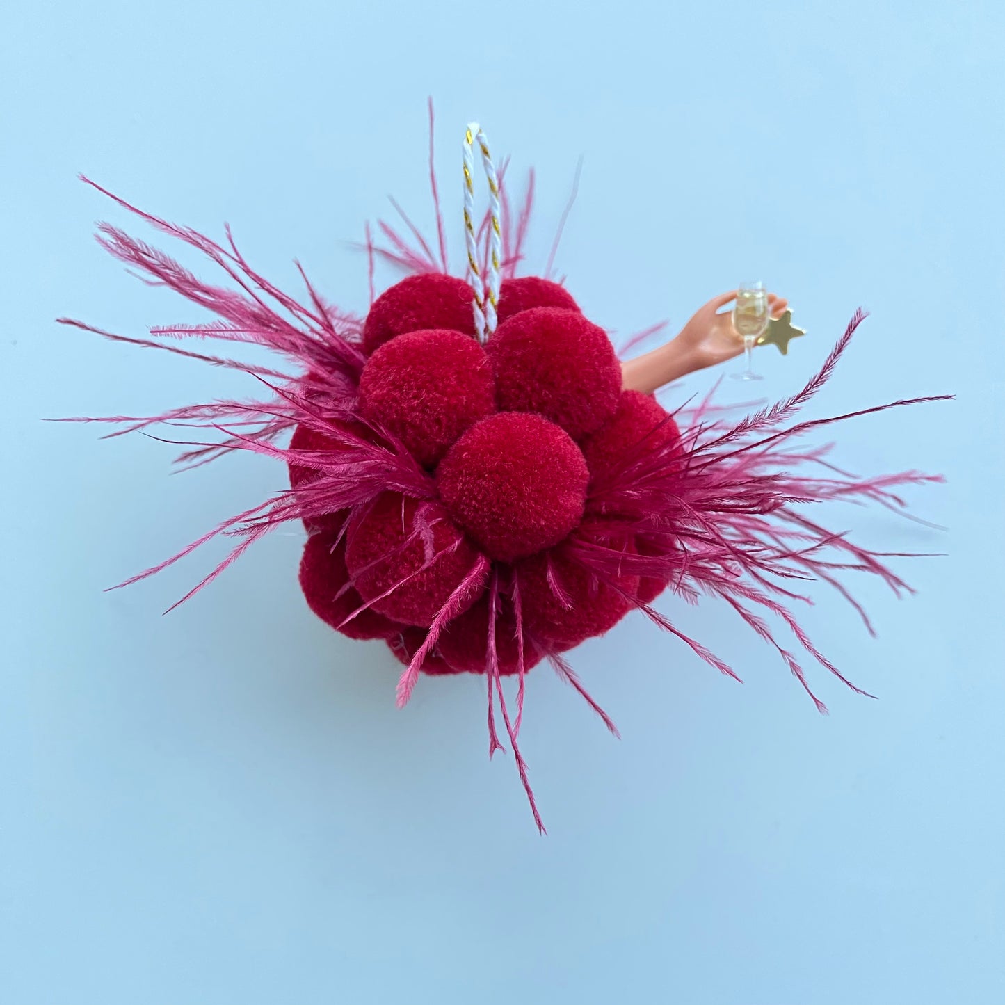 Christmas Ball with feathers & Champagne - Shiny Red
