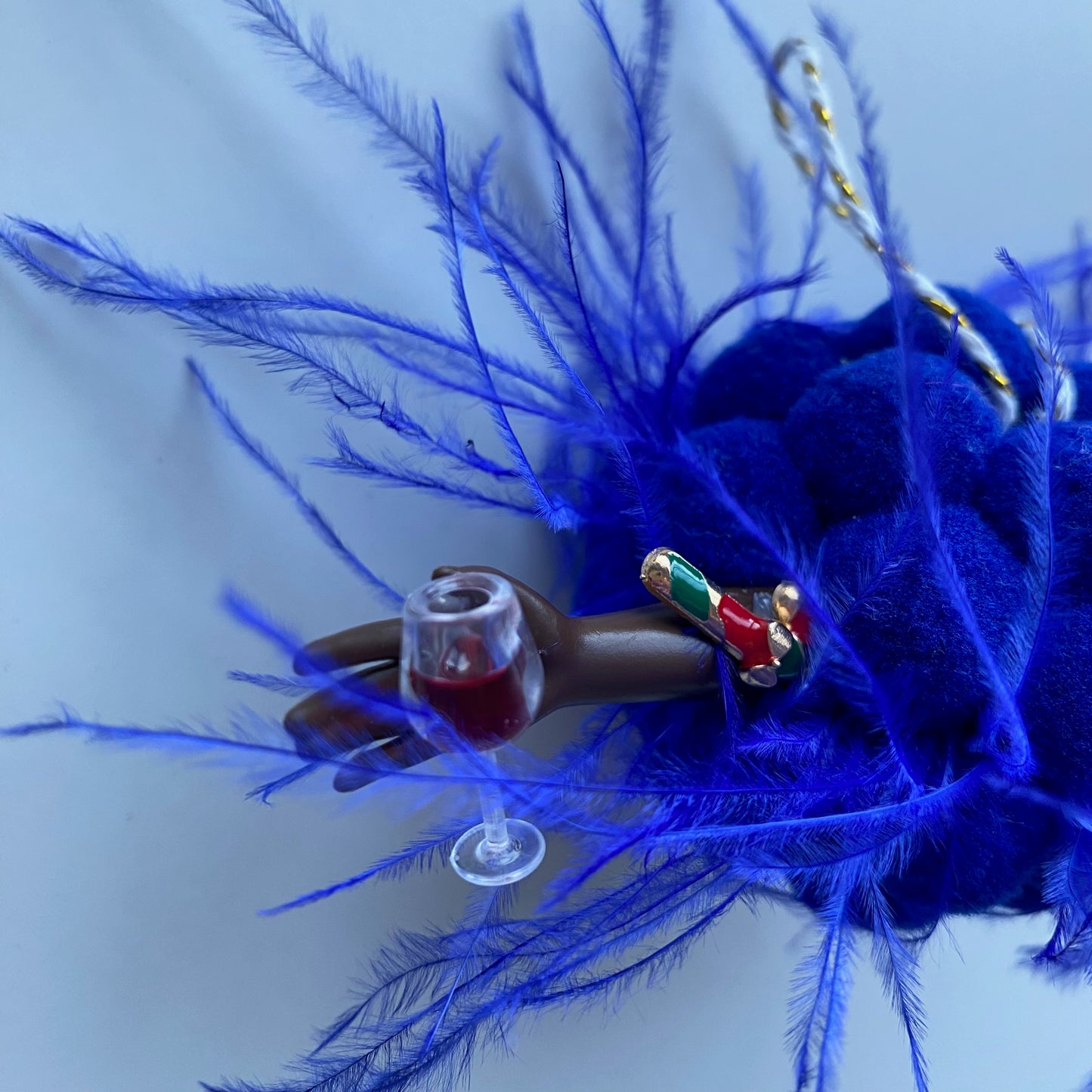 Christmas ball Diva with feathers, Red Wine & Candy Cane  - Blue